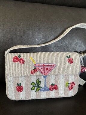 Handcrafted in India Beaded Strawberry Margarita Drink Cocktail Striped Bag NWT